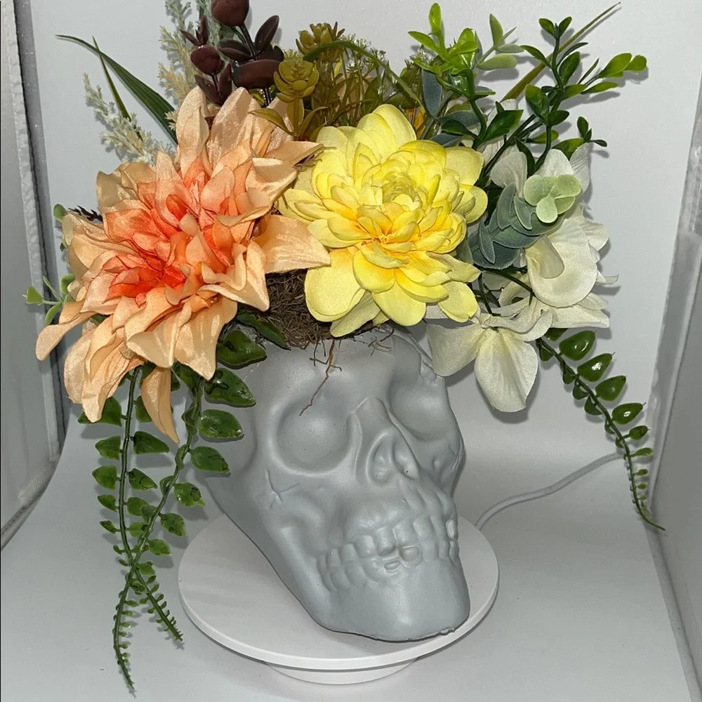 Floral Skull Planter with Orange and Yellow Accents - Custom - Hand Made